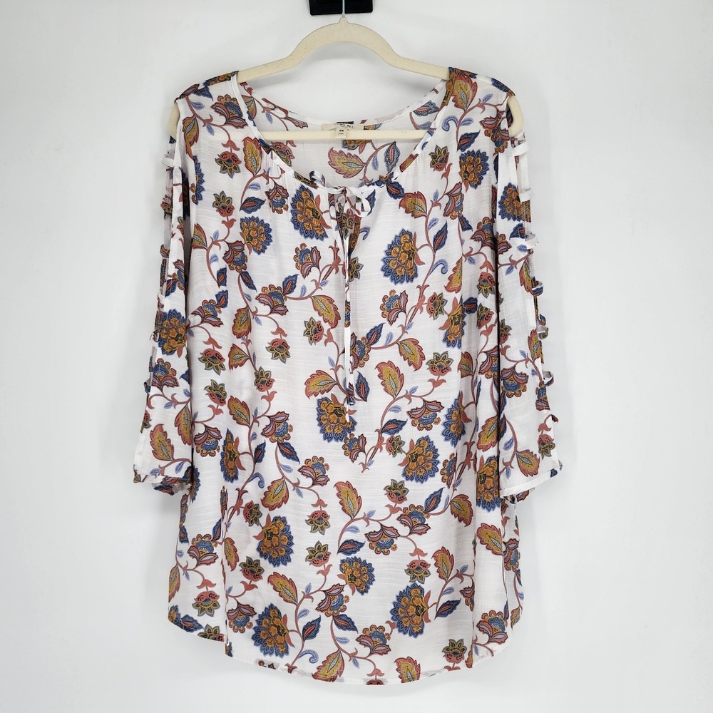Womens Cutout Sleeves Romantic Boho Top Size 0X Cottagecore Floral Beachy Tropic